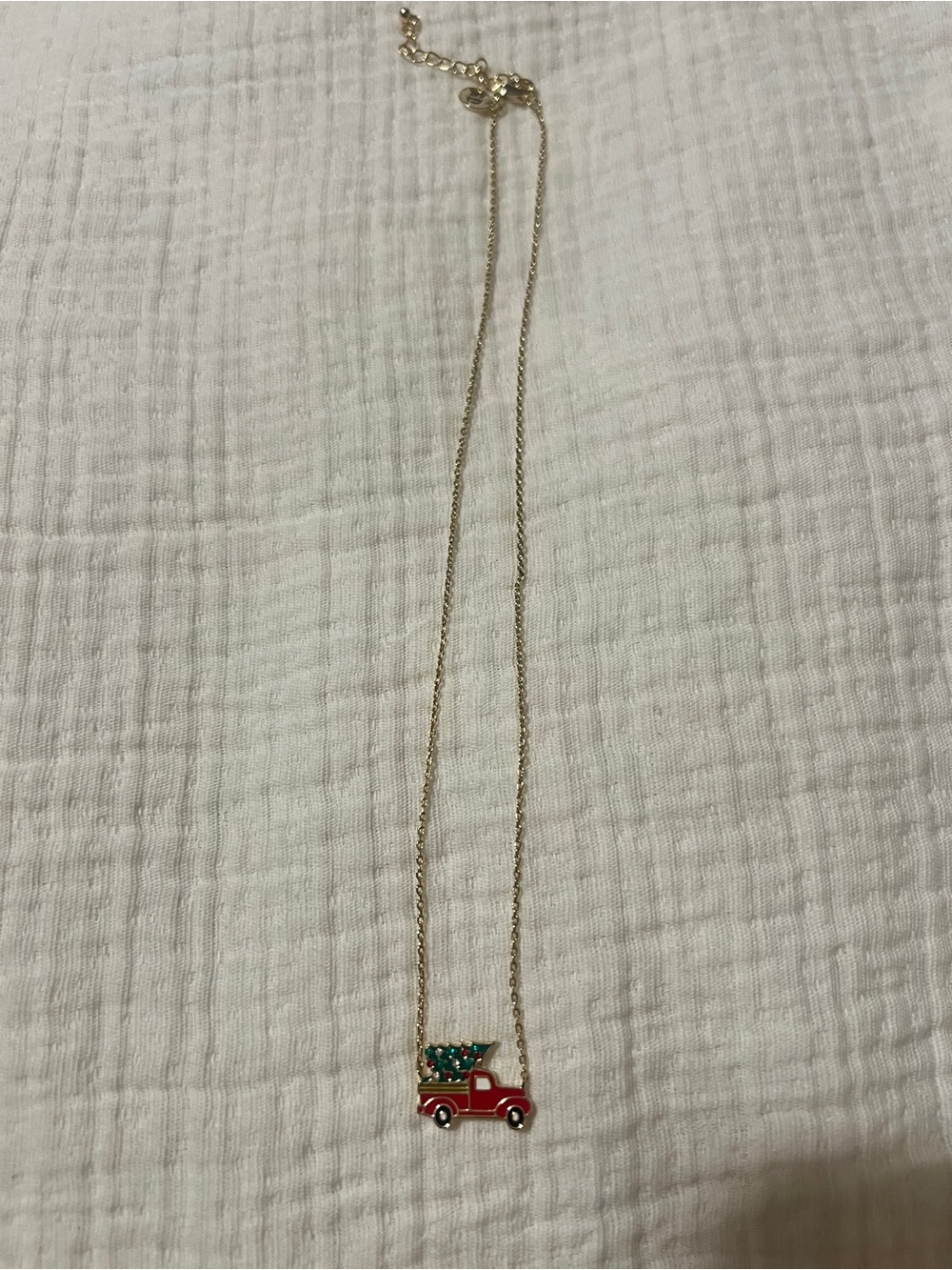 Rae Dunn Red Truck Pendant Necklace with Green Tree Accent